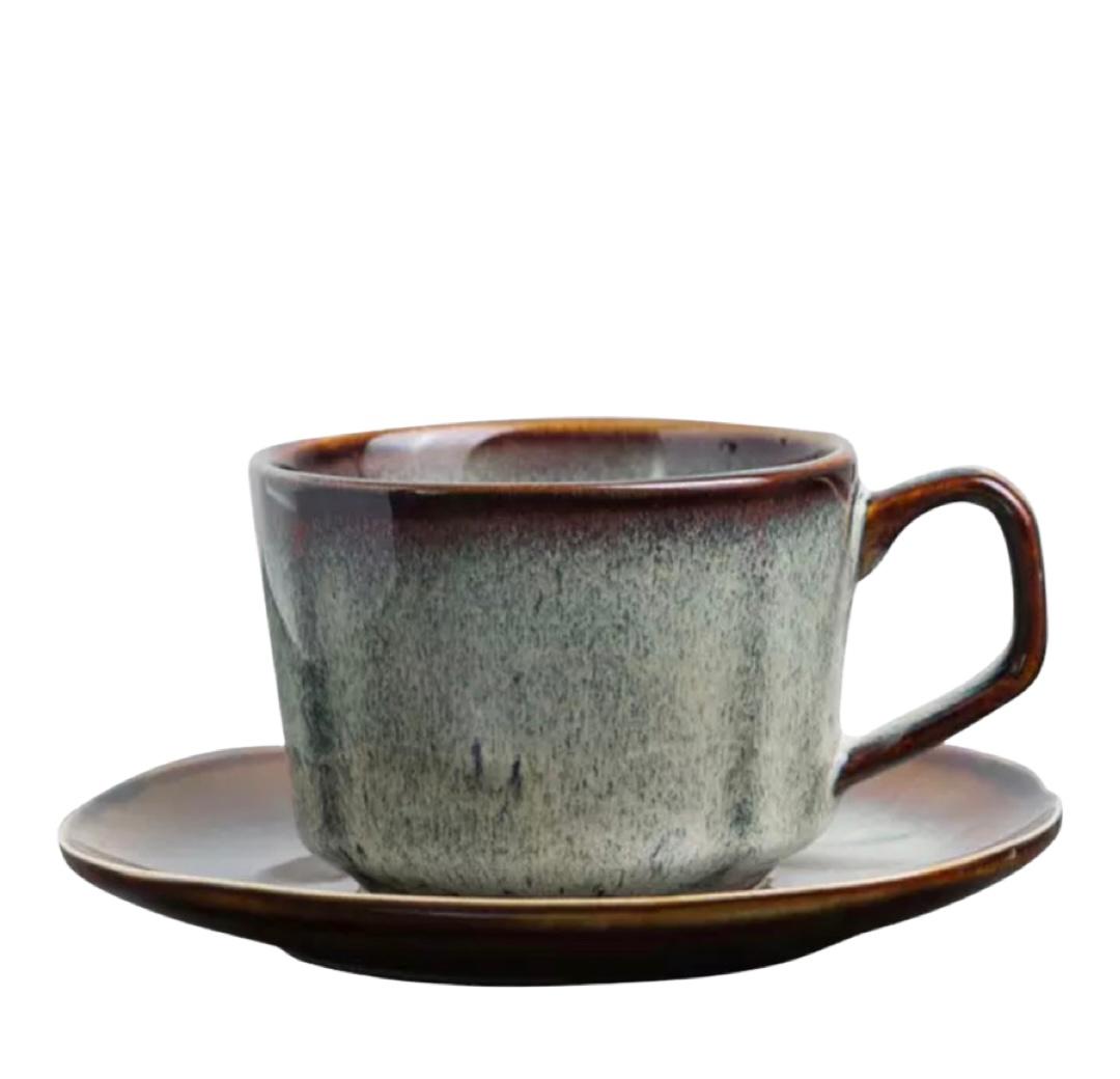 Grey stone - Ceramic coffee cup with saucer - Multi color dark green 210ml | كوب قهوة مع صحن - أخضر غامق متعدد الالوان 210مل