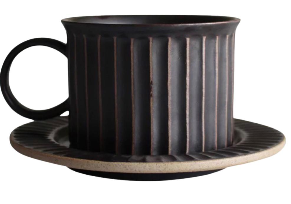 Grey stone - Ceramic coffee cup with saucer - Black & brown 300 ml | كوب قهوة سيراميك مع صحن - اسود و بني 300مل