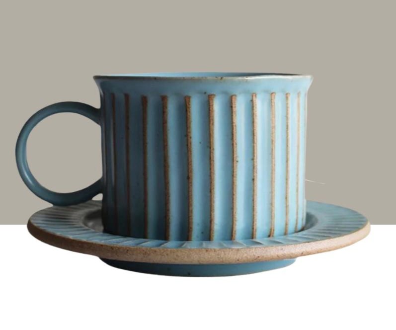 Grey stone - Ceramic coffee cup with saucer - Light blue & brown 300 ml
