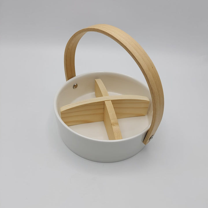 Ceramic Serving Basket with Wooden Organizer - White  |  سلة تقديم سيراميك مع منظم خشبي - أبيض