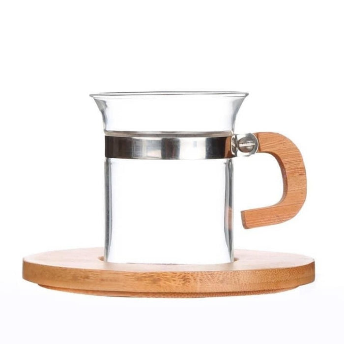Tea Cups Set - Transparent with Wooden Saucer 6 Pcs 90 ml